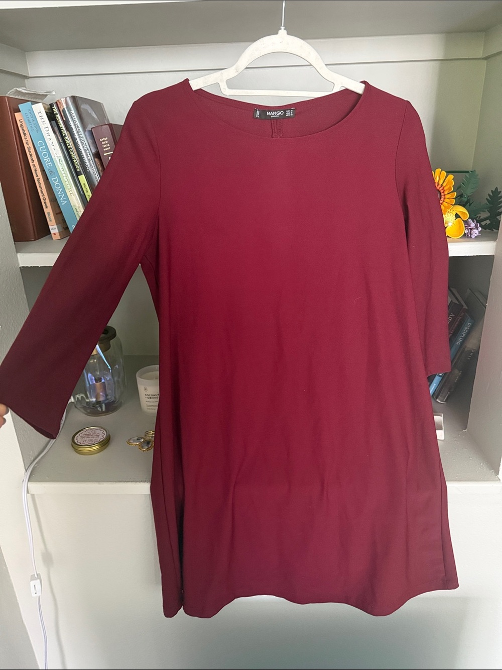 Mango Basics maroon long-sleeve shift dress with Keyhole Back
